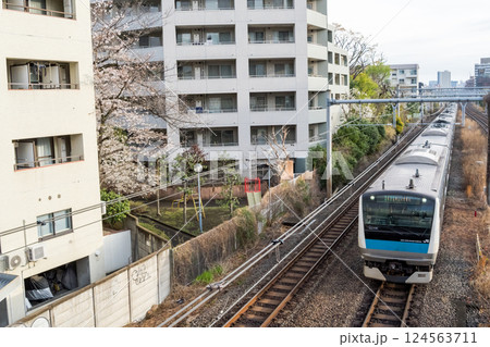 【京浜東北線】春の早朝の街を快走する普通列車 【京浜東北線】春の早朝の街を快走する普通列車 124563711