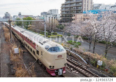 【東海道本線】春の早朝の街を快走するサンライズ瀬戸・出雲 124563724