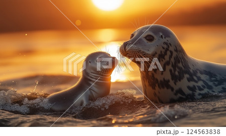 Seals swimming together at sunset in a serene coastal setting 124563838