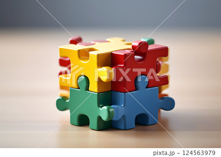 set of colored puzzles. the concept of combining different tasks into one whole. puzzle solution 124563979