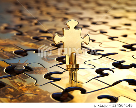 set of gold puzzles with a key. the concept of solving different problems with the help of an idea 124564149