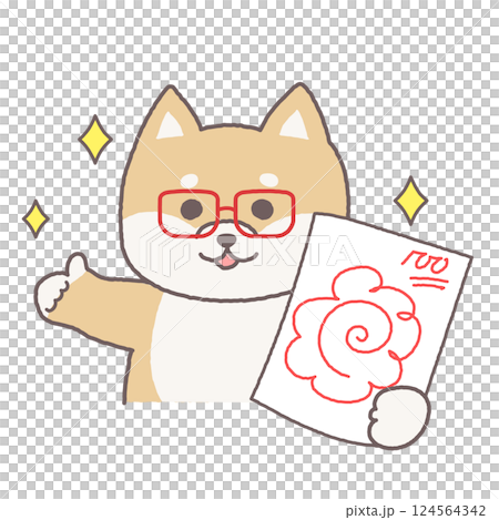 A cute Shiba Inu teacher character showing a test with 100 points and a perfect score and making a good pose A cute Shiba Inu teacher character showing a test with 100 points and a perfect score and making a good pose 124564342