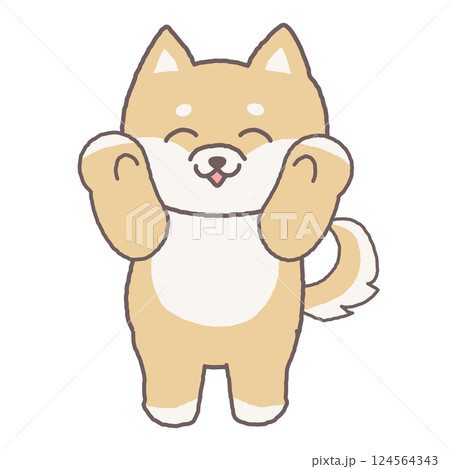 笑顔でバンザイをするかわいい柴犬の仔犬　ゆるかわいいイラスト 124564343