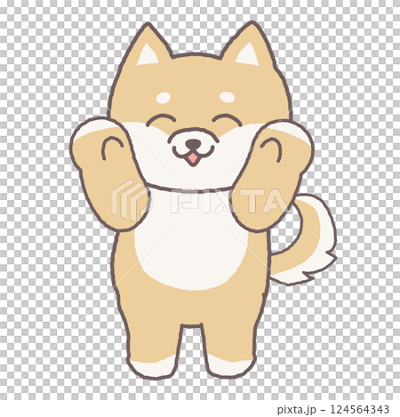 A cute Shiba Inu puppy smiling and raising his arms in the air - A cute and relaxed illustration A cute Shiba Inu puppy smiling and raising his arms in the air - A cute and relaxed illustration 124564343