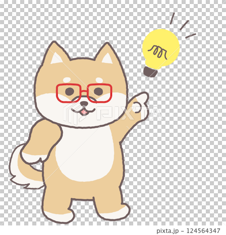 Illustration of a Shiba Inu wearing glasses and a light bulb flashing in a point pose 124564347