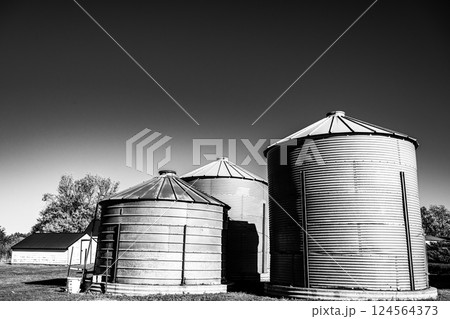Several flat bottomed metal grain bins on a family farm. Several flat bottomed metal grain bins on a family farm. 124564373