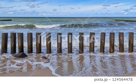 Low angle view of round wood piles of old wooden breakwater on Baltic Sea coast with calm azure waves rolling on sandy beach at summer day. With no people seascape natural background. 124564478