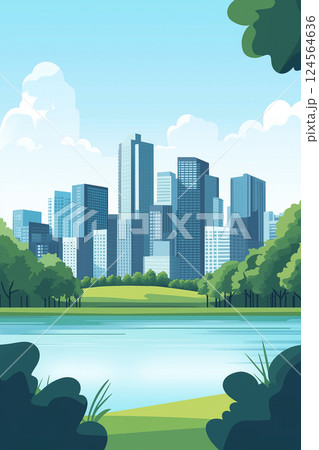 都会の公園と高層ビルの風景（イラスト） 124564636