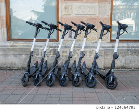Scooters for rent. resort business. Active lifestyle. Two-wheeled transport. Electric transport. 124564793