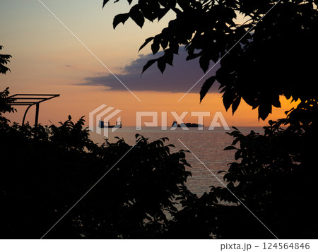 Sunset on the black sea. Play of colors at sunset. Twilight on the water. A nice place. Landscape on the south coast. 124564846