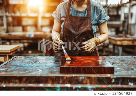 Person Wearing Protective Gloves While Holding Paint Brush and Painting Wooden Surface Person Wearing Protective Gloves While Holding Paint Brush and Painting Wooden Surface 124564927
