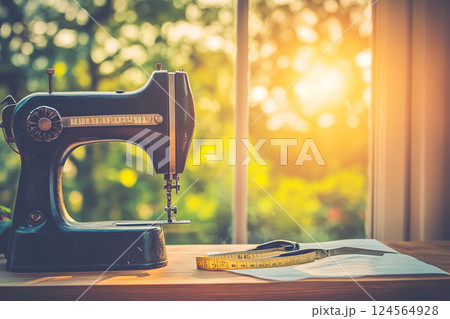 Vintage Sewing Machine with Tape Measure and Scissors in a Sunlit Workshop Setting Vintage Sewing Machine with Tape Measure and Scissors in a Sunlit Workshop Setting 124564928