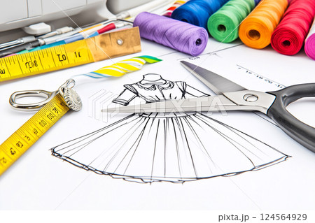 Tools for Sewing and Crafting with Scissors, Tape Measure, Threads, and Fashion Sketches Tools for Sewing and Crafting with Scissors, Tape Measure, Threads, and Fashion Sketches 124564929