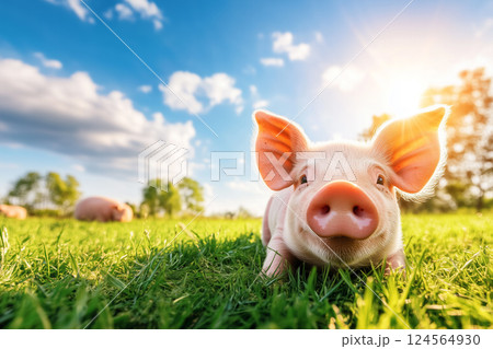 Cute Newborn Piglet Standing on Grass in a Sunny Meadow with Blue Sky and Fluffy Clouds 124564930