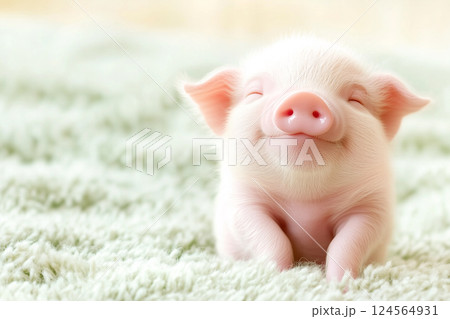 Adorable Newborn Piglet Sitting on Soft Green Grass with a Cute Smile in Bright Natural Light 124564931