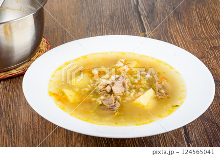 A plate of delicious freshly prepared Leningrad-style rassolnik soup. A plate of delicious freshly prepared Leningrad-style rassolnik soup. 124565041
