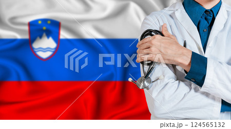Doctor with stethoscope on Slovenia flag. Doctor holding stethoscope on Slovenia flag Doctor with stethoscope on Slovenia flag. Doctor holding stethoscope on Slovenia flag 124565132