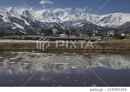 白馬三山と田んぼ 雪解けが進む美しい白馬の春の風景 長野県白馬村 白馬三山と田んぼ 雪解けが進む美しい白馬の春の風景 長野県白馬村 124565265