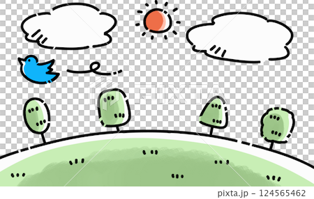 簡單的自然景觀插圖與飛翔的藍鳥 124565462