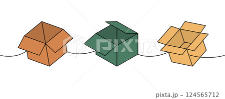 Package boxes one line colored continuous drawing. Carton delivery boxes. Vector illustration. 124565712