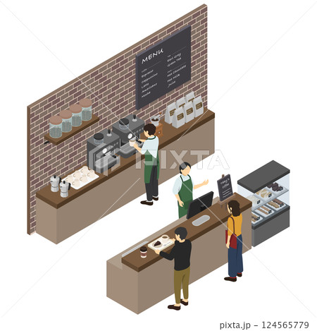 アイソメトリックイラスト:カフェ店員とカフェカウンター アイソメトリックイラスト:カフェ店員とカフェカウンター 124565779