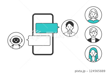 スマホでAIとチャットする若い男性（差し替え用のアイコンセット）【人物ベクターイラスト素材】 124565889
