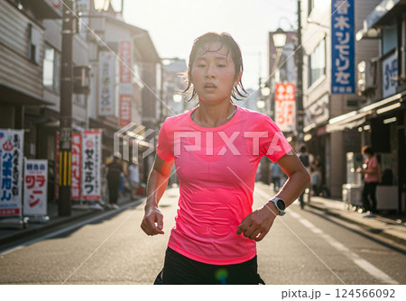 汗をかきながら懸命に走る女性ランナー 124566092