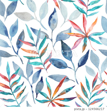 Watercolor colorful tropical pattern with exotic abstract leaves. Artistic seamless print. Watercolor colorful tropical pattern with exotic abstract leaves. Artistic seamless print. 124566217