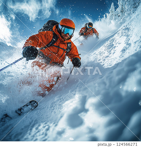 Young People Skiing Down a Snowy Mountain 124566271