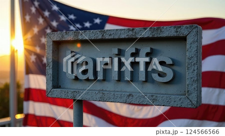 American Flag Waving Majestically with a Wooden Sign Displaying the Word Tariffs in Bold Letters. 124566566