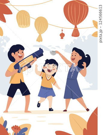 Young people celebrating Thai Songkran with water splash 124566613