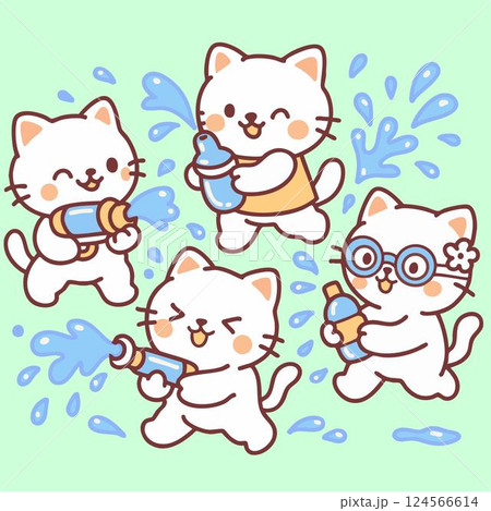 Cute cartoon cats playing water in Songkran festival 124566614