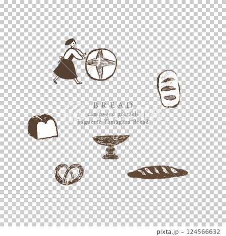 いろいろなパンの優しいタッチの手描きイラスト 124566632
