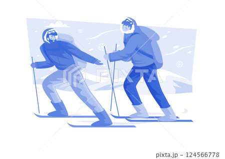 Ski instructor teaching beginners to ski. 124566778