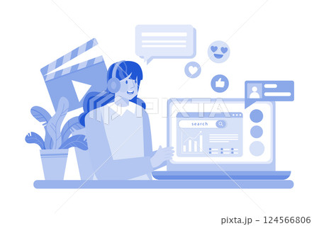 Social media marketer integrating SEO into posts. 124566806