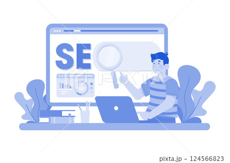 Digital marketer crafting SEO strategy for new website. 124566823