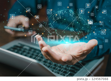 Hand holding virtual Global holography and virtual icon connecting metaverse. Digital technology and big data for analysis. Business connection application via technology internet worldwide. 124567088