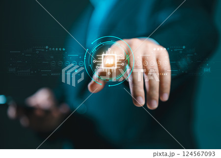 Humans are using technology, smart robot AI circuit boards, and entering a command prompt to generate something: futuristic technology. Business people working with artificial intelligence. Humans are using technology, smart robot AI circuit boards, and entering a command prompt to generate something: futuristic technology. Business people working with artificial intelligence. 124567093