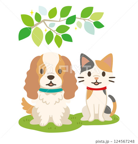 夏の新緑と犬と猫のイラスト 夏の新緑と犬と猫のイラスト 124567248