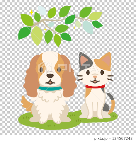 夏の新緑と犬と猫のイラスト 夏の新緑と犬と猫のイラスト 124567248