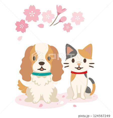 春の桜と犬と猫のイラスト 124567249