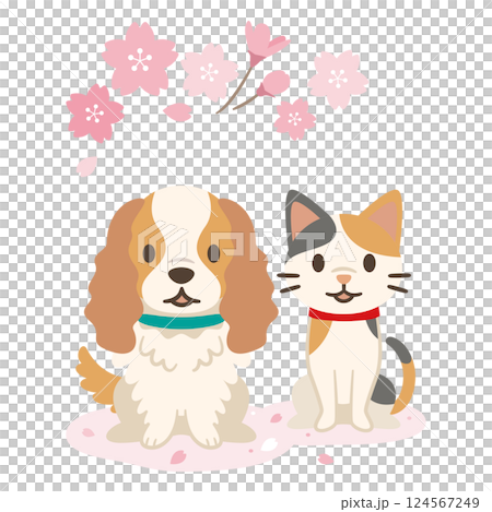 春の桜と犬と猫のイラスト 124567249