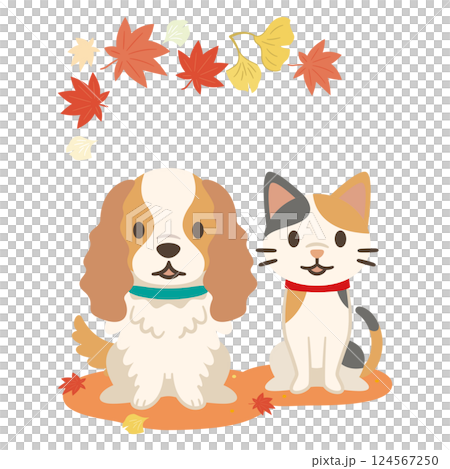 Illustration of autumn leaves and a dog and cat 124567250