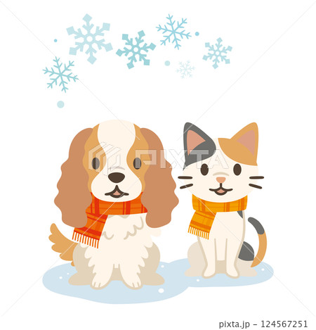 冬の雪の結晶と犬と猫のイラスト 冬の雪の結晶と犬と猫のイラスト 124567251