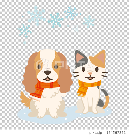 冬の雪の結晶と犬と猫のイラスト 冬の雪の結晶と犬と猫のイラスト 124567251