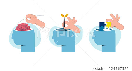 Mental health concept, psychological problem. Human head with jigsaw, plants, brain confused. Flat Vector illustration. 124567529