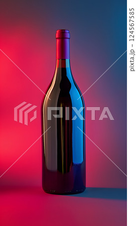 a bottle of red wine is sitting on a red and blue background 124567585