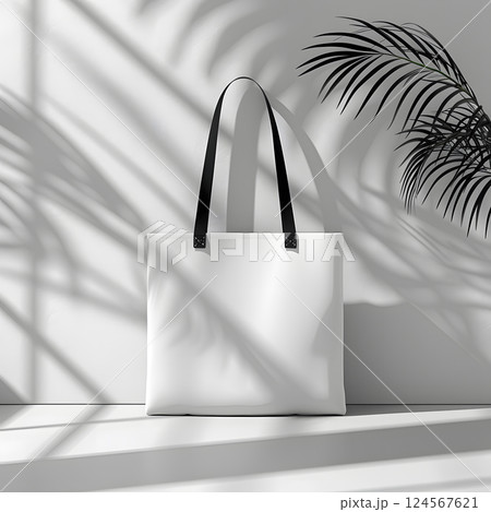 Blackandwhite automotive design tote bag with black handles by a palm tree 124567621