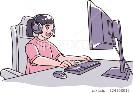 笑顔でパソコンを使う女の子のイラスト 笑顔でパソコンを使う女の子のイラスト 124568012