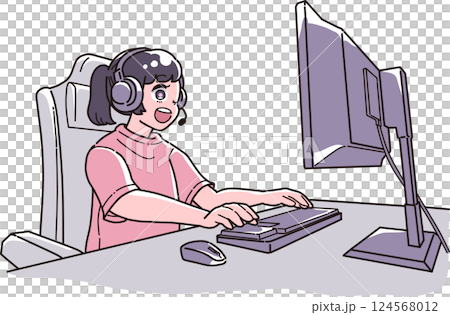 笑顔でパソコンを使う女の子のイラスト 笑顔でパソコンを使う女の子のイラスト 124568012